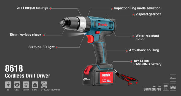 RONIX 8618 Հարվածային մարտկոցով պտուտակադարձիչ